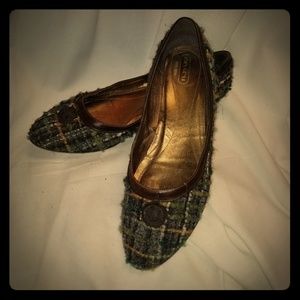 Coach tweed & brown bronze gold leather pumps